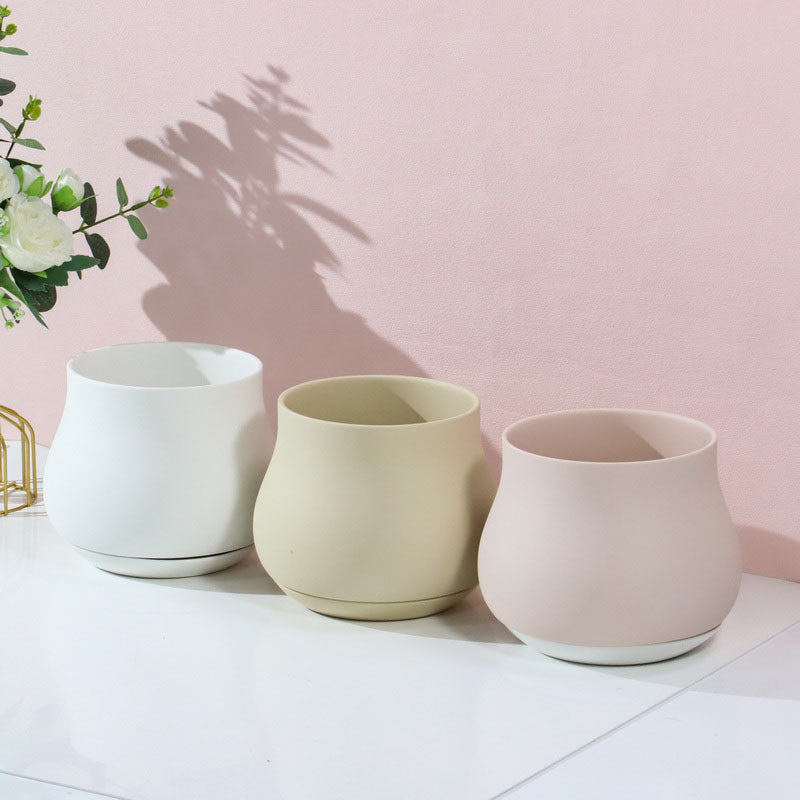 Ceramic Belly Planter with Saucer for Office & Home Decor, Simple Desktop Flower Pot