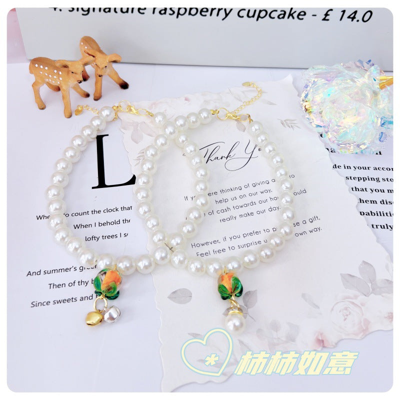 Pet Luminous Glass Persimmon Pearl Collar with Bell for Cats and Small Dogs