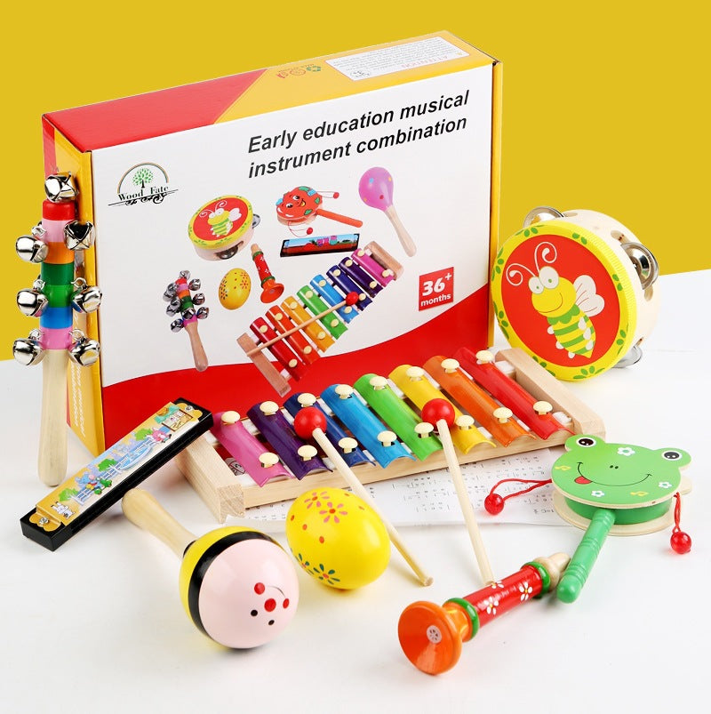 Wooden Orff Musical Instrument Set for Toddlers, Early Education Percussion Toys with Xylophone and Rattles