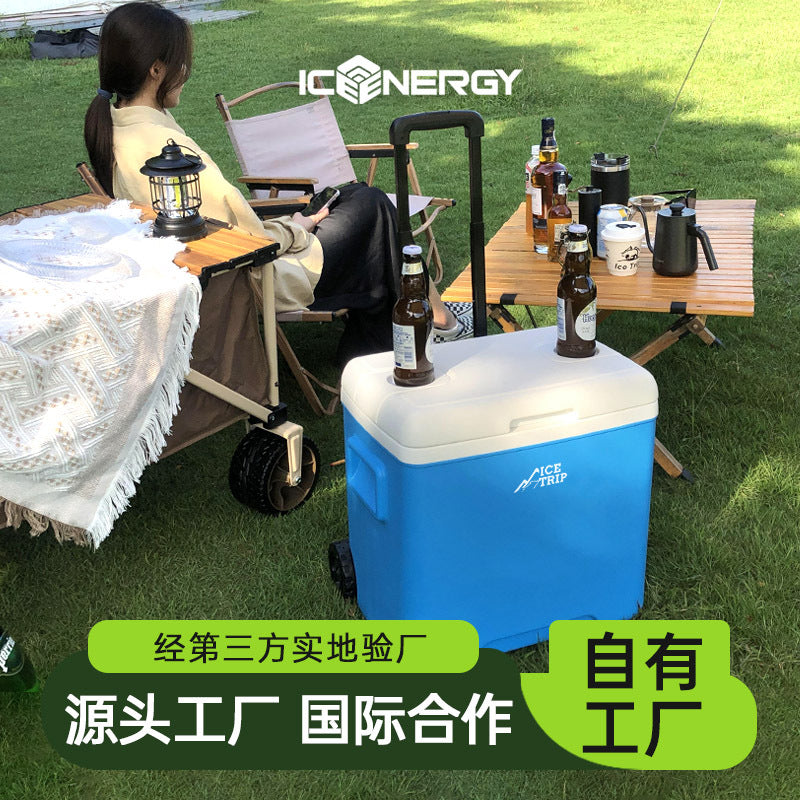30L Portable Insulated Cooler Box with Wheels for Outdoor Picnic Camping BBQ Food Storage