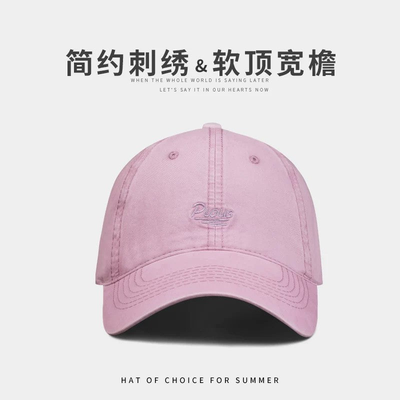 Japanese Style Embroidered Letter Baseball Cap for Women and Men, Pink, Wide Brim Sun Protection