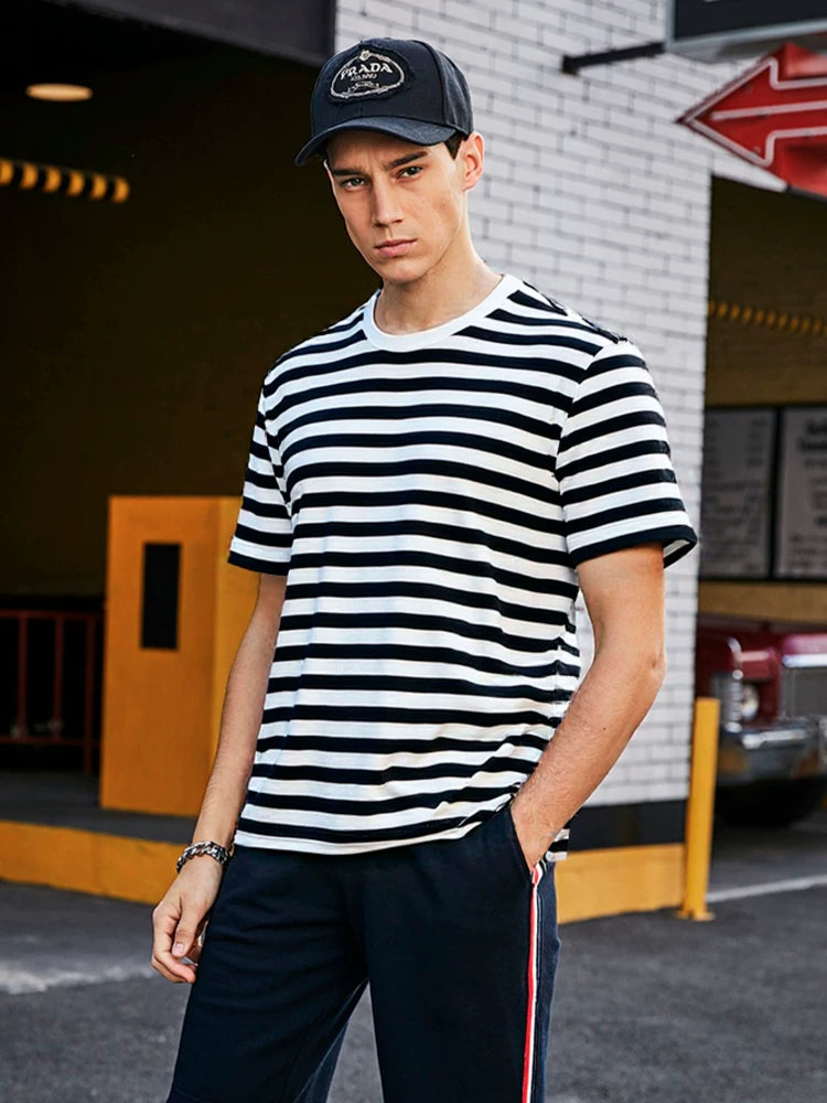 Unisex Color Block Stripe Sailor T-Shirt Pure Cotton Short Sleeve Round Neck Loose Top