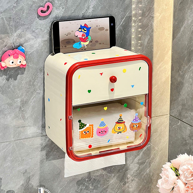 Wall-Mounted Punch-Free Tissue Box Holder with Storage Shelf for Bathroom