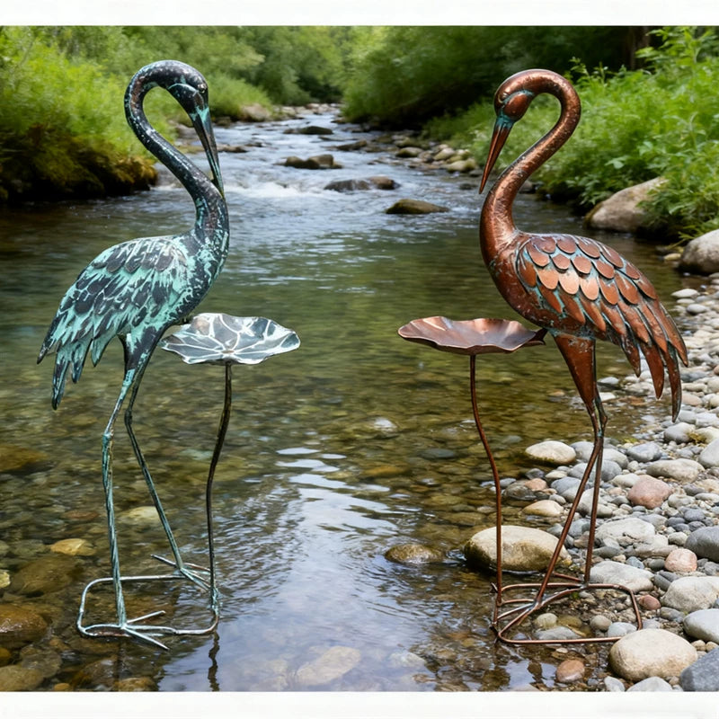 Iron Art Lotus Leaf Crane Bird Feeder Ornament for Garden & Wedding Decor