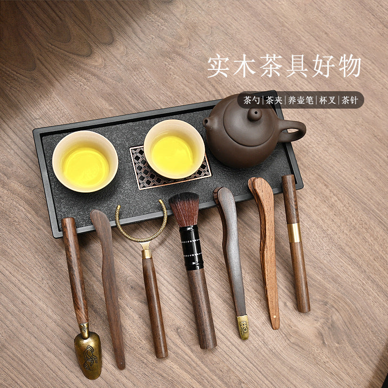Ebony Tea Ceremony Utensil Set - 5-Piece Tea Scoop, Cup Fork, Needle, Brush