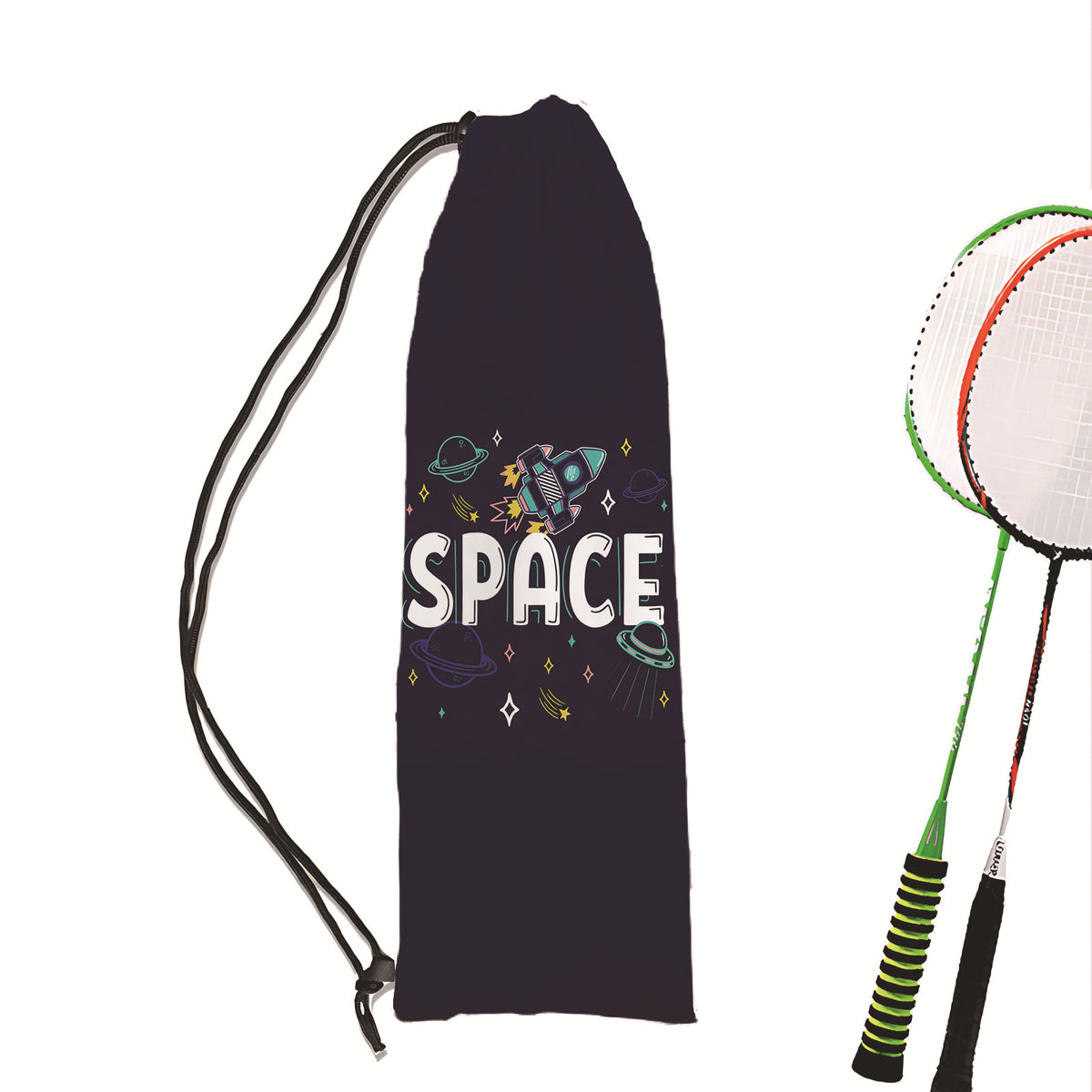 Cartoon Space Badminton Racket Drawstring Bag Shoulder Storage Pouch for Men and Women