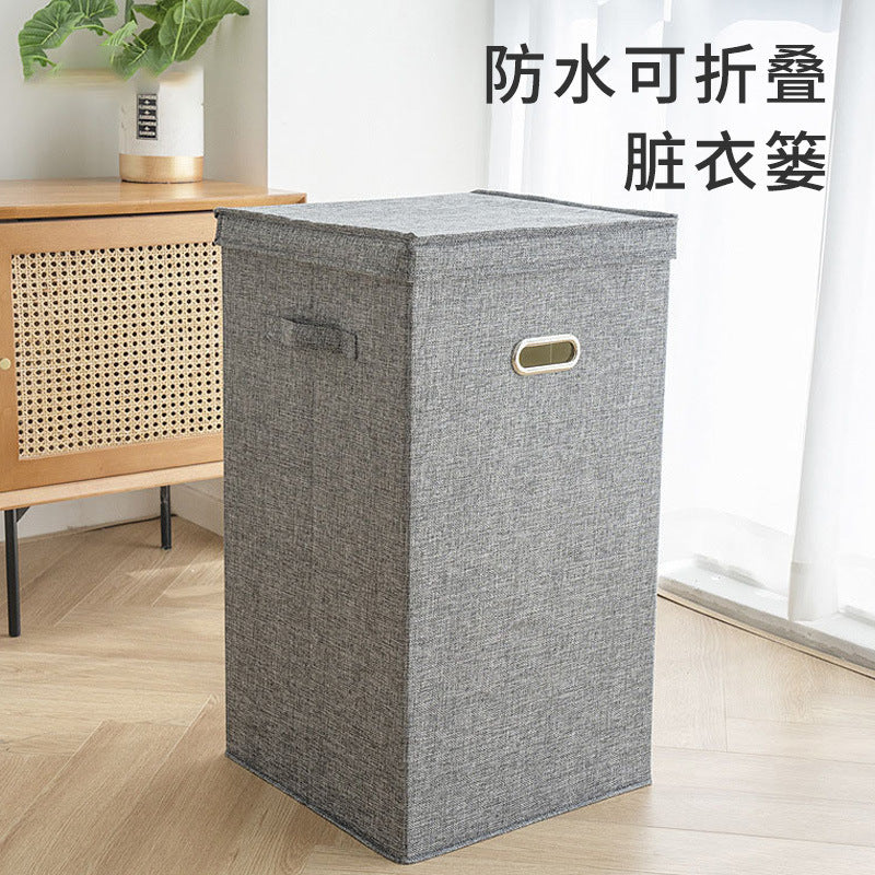 Washable Cotton Linen Foldable Laundry Hamper with Lid for Clothes Storage