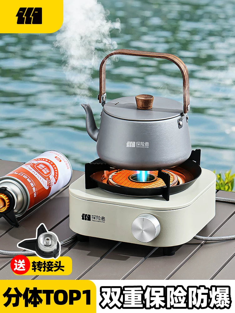 Portable Split-Type Camping Stove with Double Burners, Gas Canisters, and Storage Bag