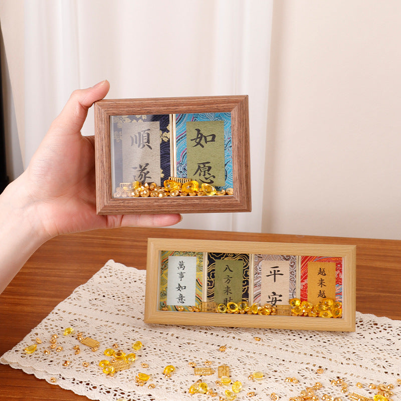Mini Hollow Photo Frame with Song Brocade Hard Card Xuan Paper for DIY Calligraphy Art Decor
