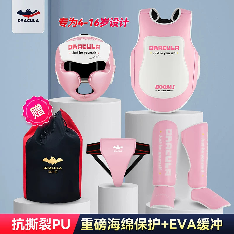 Kids' Boxing Muay Thai MMA Taekwondo Protective Gear Set with Helmet, Shin Guards, Chest & Groin Protector