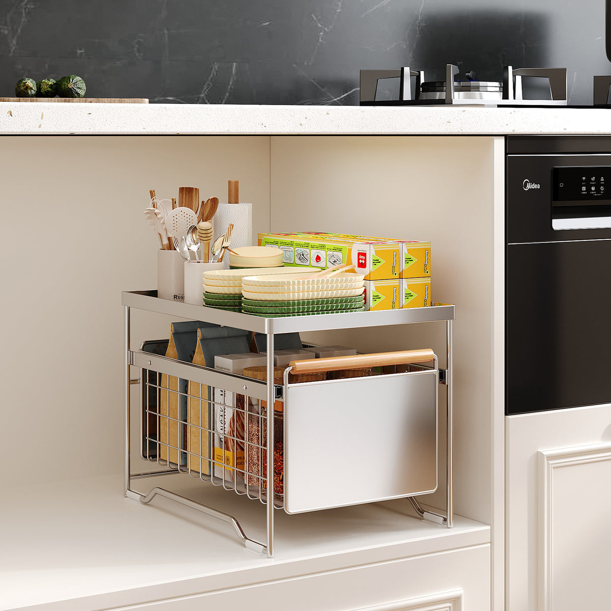 Under-Sink Pull-Out Organizer for Kitchen Cabinets, Stainless Steel, Multi-functional Storage Rack