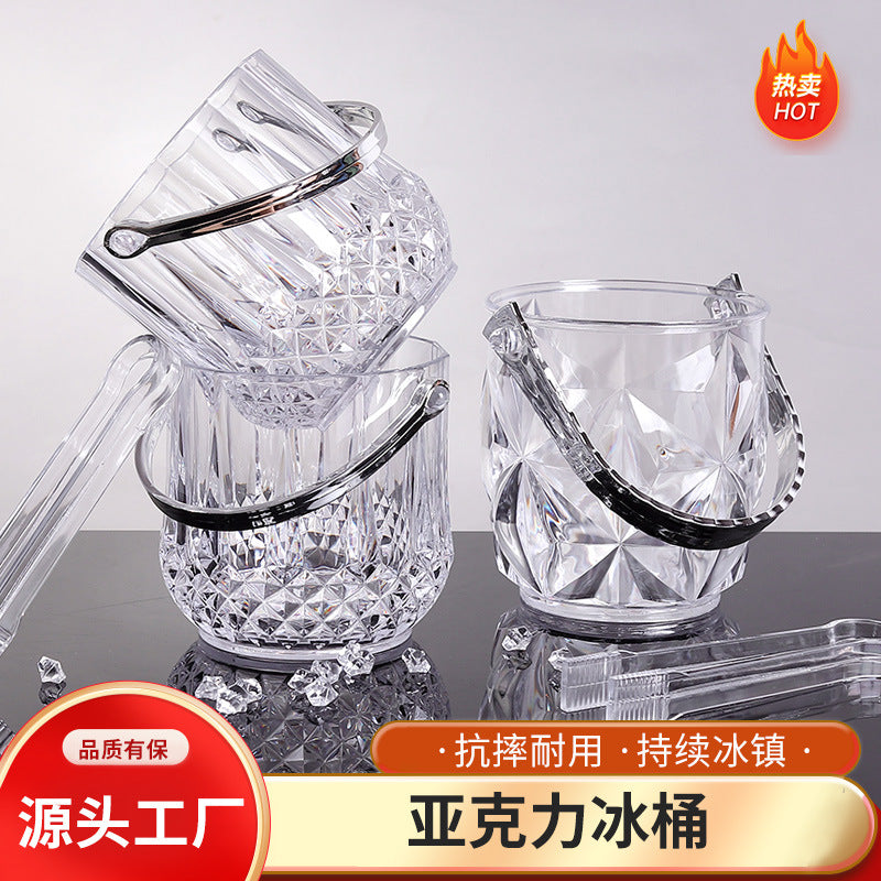 Acrylic Ice Bucket with Handle for KTV Bar Outdoor Camping, Clear Ice Cube Bucket with Tongs