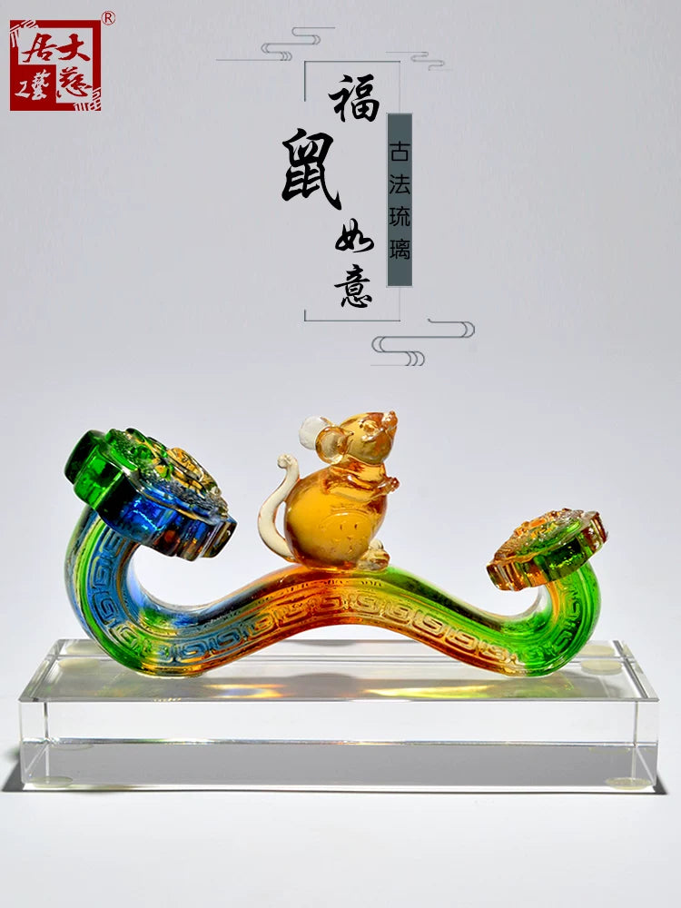 Lucky Rat Ruyi Glass Ornament Zodiac Mouse Craft Cute Desk Study Decor Birthday Gift