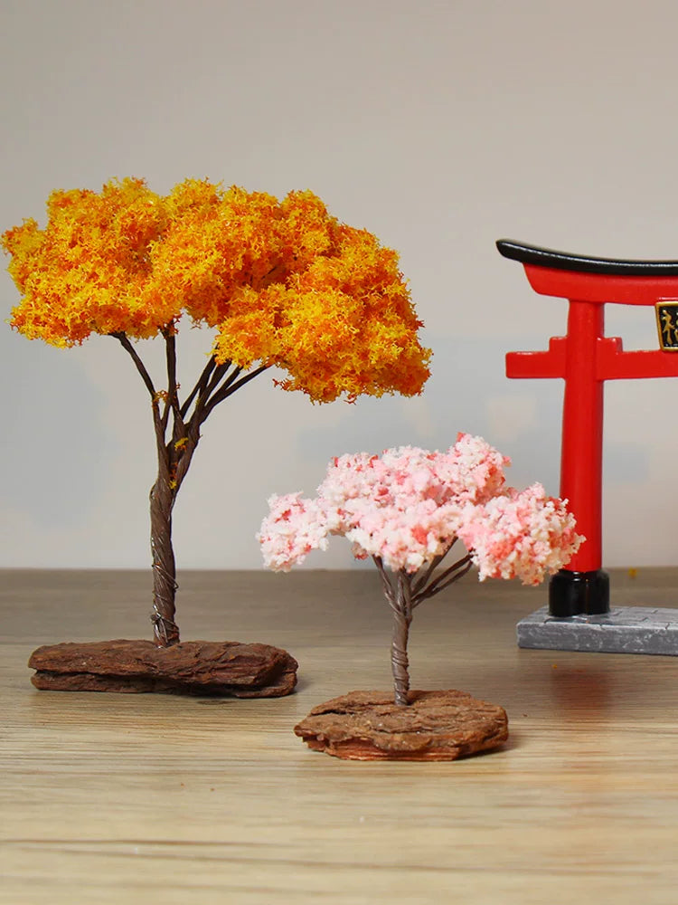 Japanese Style Miniature Cherry Blossom Tree Figurine for Dollhouse Diorama and Desktop Decor