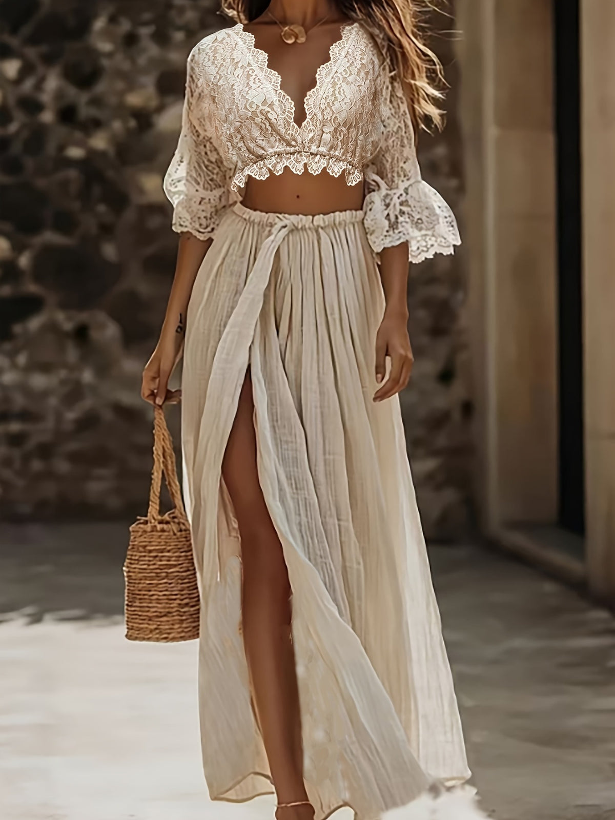Women's Elegant Lace Patchwork Beach Skirt Set