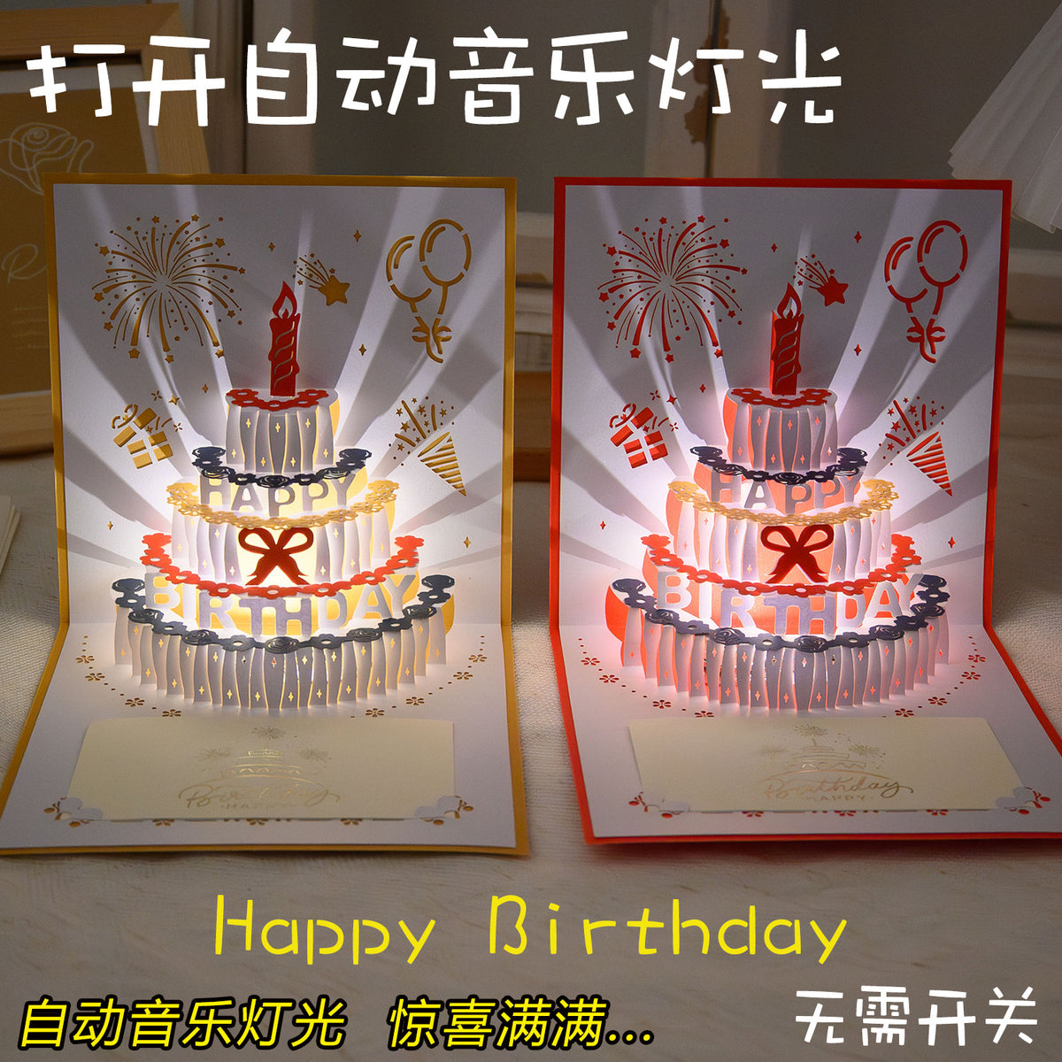 3D Pop-Up Musical LED Birthday Card with Cake Design