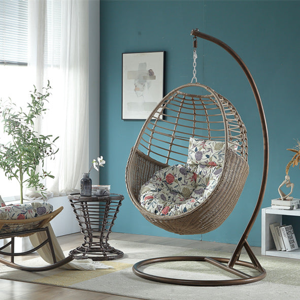 Woven Rattan Swing Chair with Stand and Table, Indoor/Outdoor Hanging Basket Chair for Adults