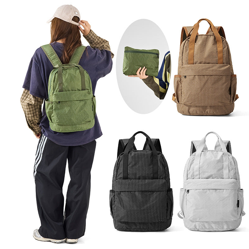 Waterproof Nylon Plaid Foldable Lightweight Travel Backpack Tote Bag