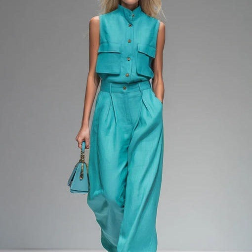 Women's Sleeveless Vest & Wide-Leg Pants Set, European Style Casual Two-Piece Outfit