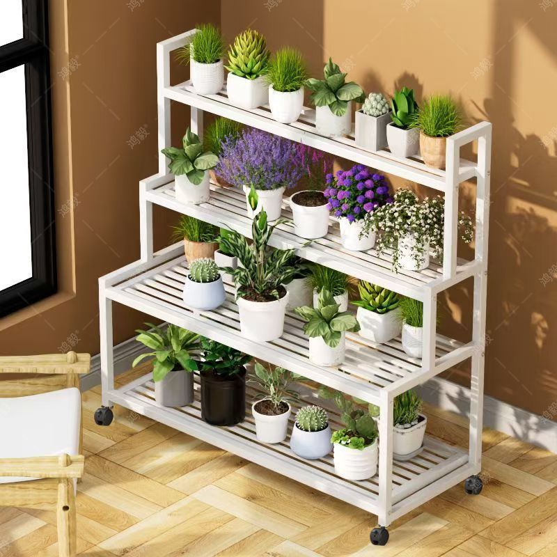 Multi-Tiered Iron Plant Stand with Wheels for Indoor/Outdoor Use