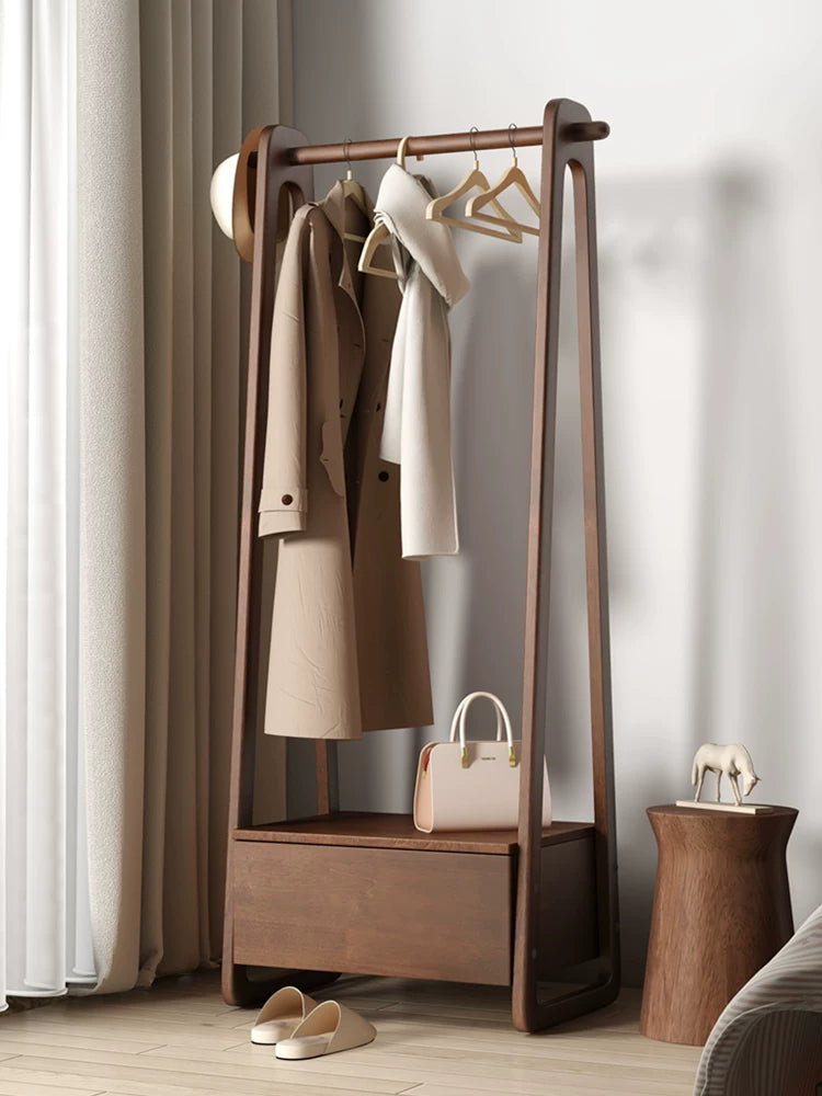 Solid Wood Hall Tree with Storage Drawers and Clothes Rack, Bedroom Nightstand Organizer