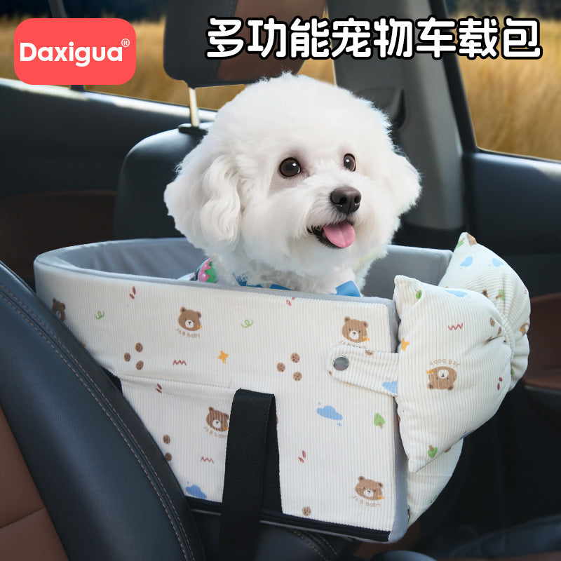 Pet Car Seat Console Bed for Small Dogs and Cats, Corduroy Bowknot Design