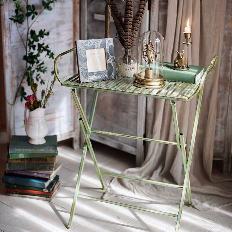 Vintage Wrought Iron Foldable Table and Chair Set for Outdoor Patio, Indoor Decor, Plant Stand, or Side Table