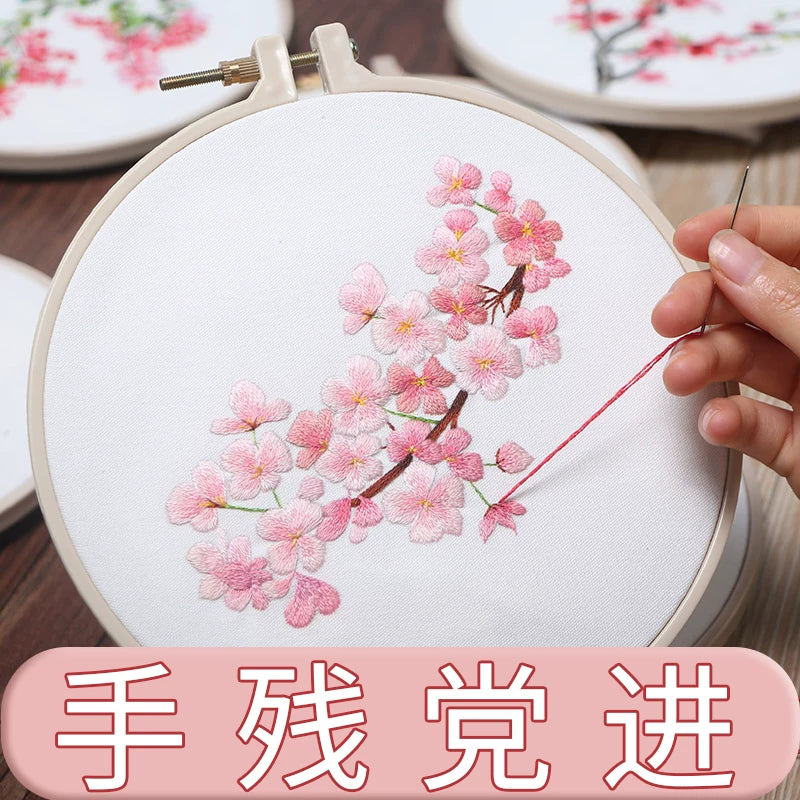 DIY Punch Embroidery Kit with Ribbon Silk Embroidery for Ancient Style Round Fan