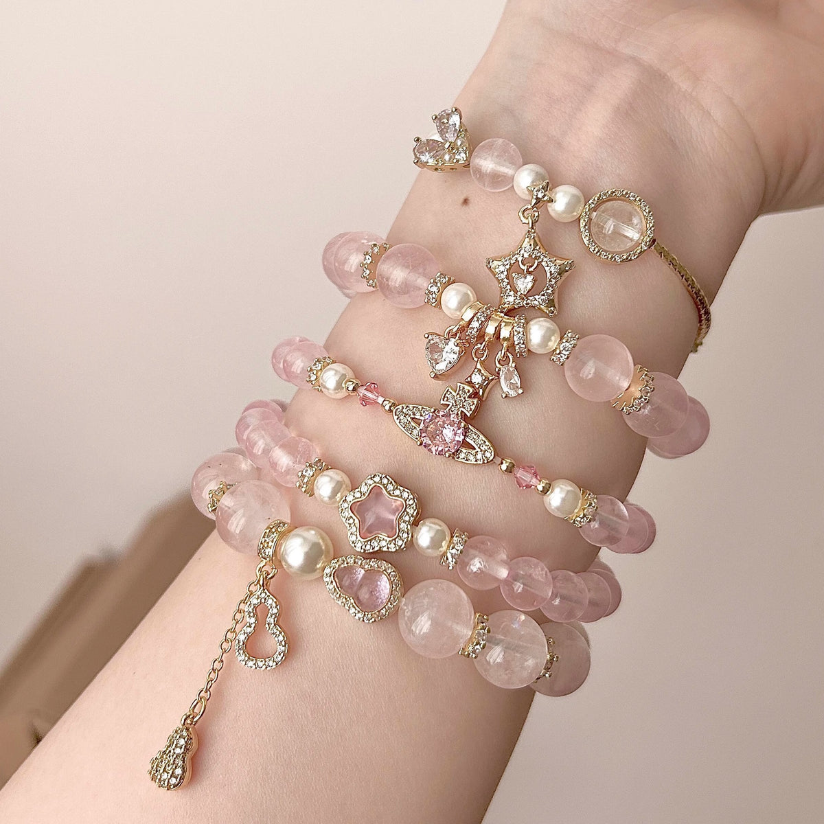 Natural Pink Crystal Bracelet with Gold Powder Accents for Couples and Friends