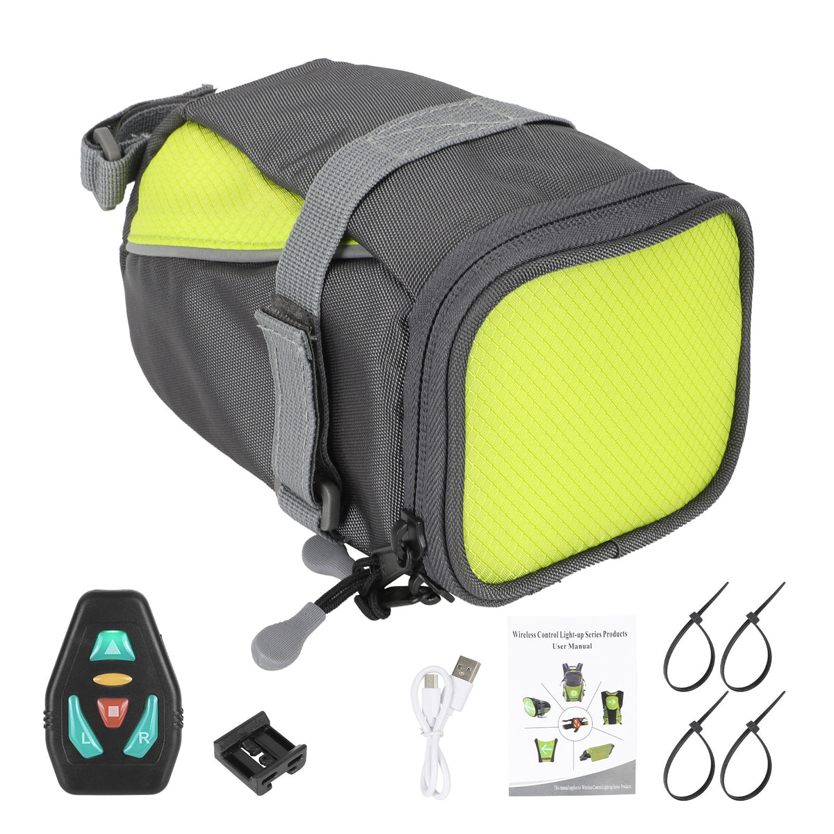 Bicycle Under-Seat Bag with Remote Control Turn Signal LED Tail Light and Phone Storage