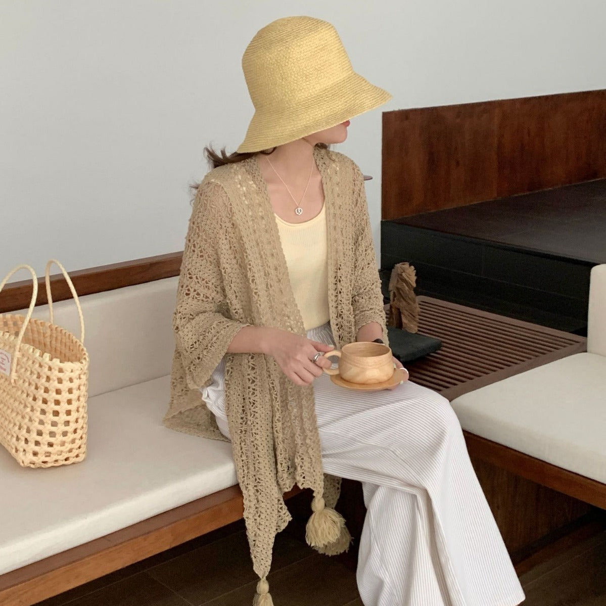 Lightweight Sun Protection Shawl with Tassel Trim, Openwork Mesh, and Side Slits