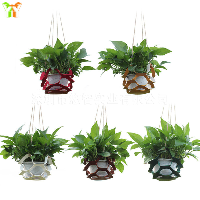 Green Leather Plant Hanger with Tray for Potted Plants
