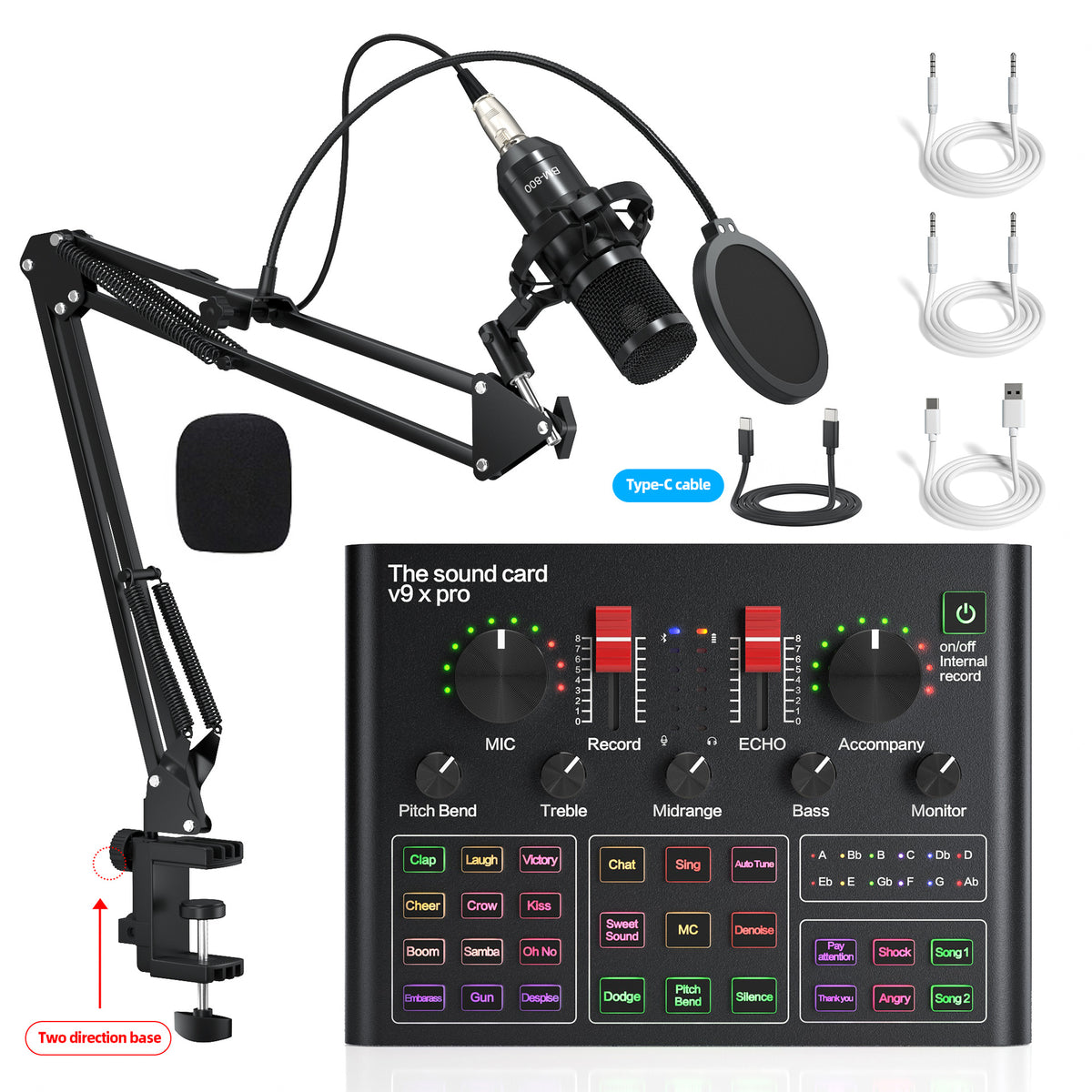 Professional Live Streaming Sound Card Kit with Condenser Microphone and Stand for DJ KTV Voice Changing Noise Reduction