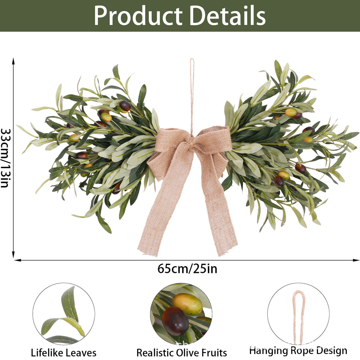 Artificial Olive Leaf and Fruit Wreath for Front Door, Living Room, Outdoor Decor, Christmas