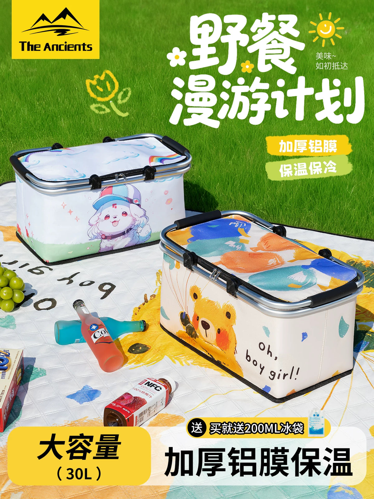 30L Foldable Insulated Cooler Bag with Lunch Box & Ice Packs for Outdoor Camping Picnics