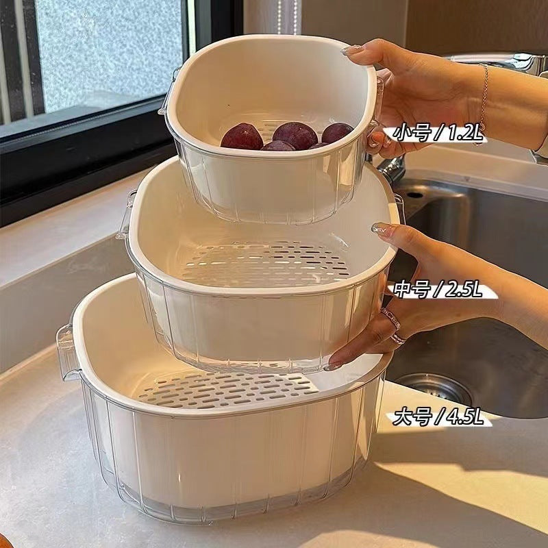 Double-Layer Drain Basket for Kitchen and Living Room, Fruit and Vegetable Washing Bowl