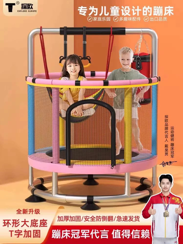 Indoor Kids Trampoline with Safety Net and Adjustable Horizontal Bar