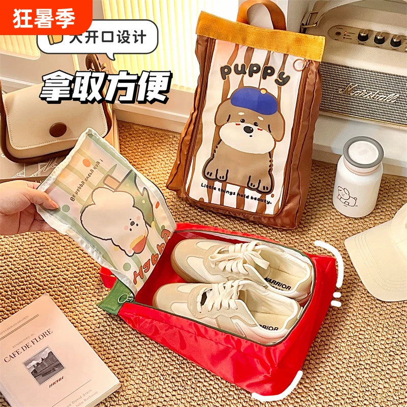 Portable Waterproof Travel Shoe Bags with Handle - Cute Cartoon Designs for Students and Luggage Organization