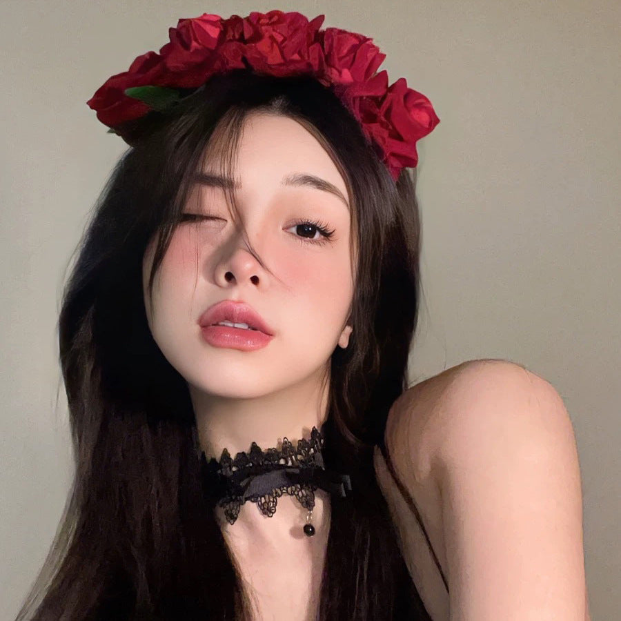Gothic Lolita Rose Flower Headband Crown Necklace Set for Halloween Cosplay Bridal