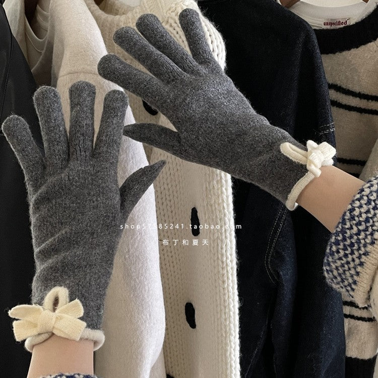 Korean Style Bowknot Wool Blend Fingerless Gloves for Winter