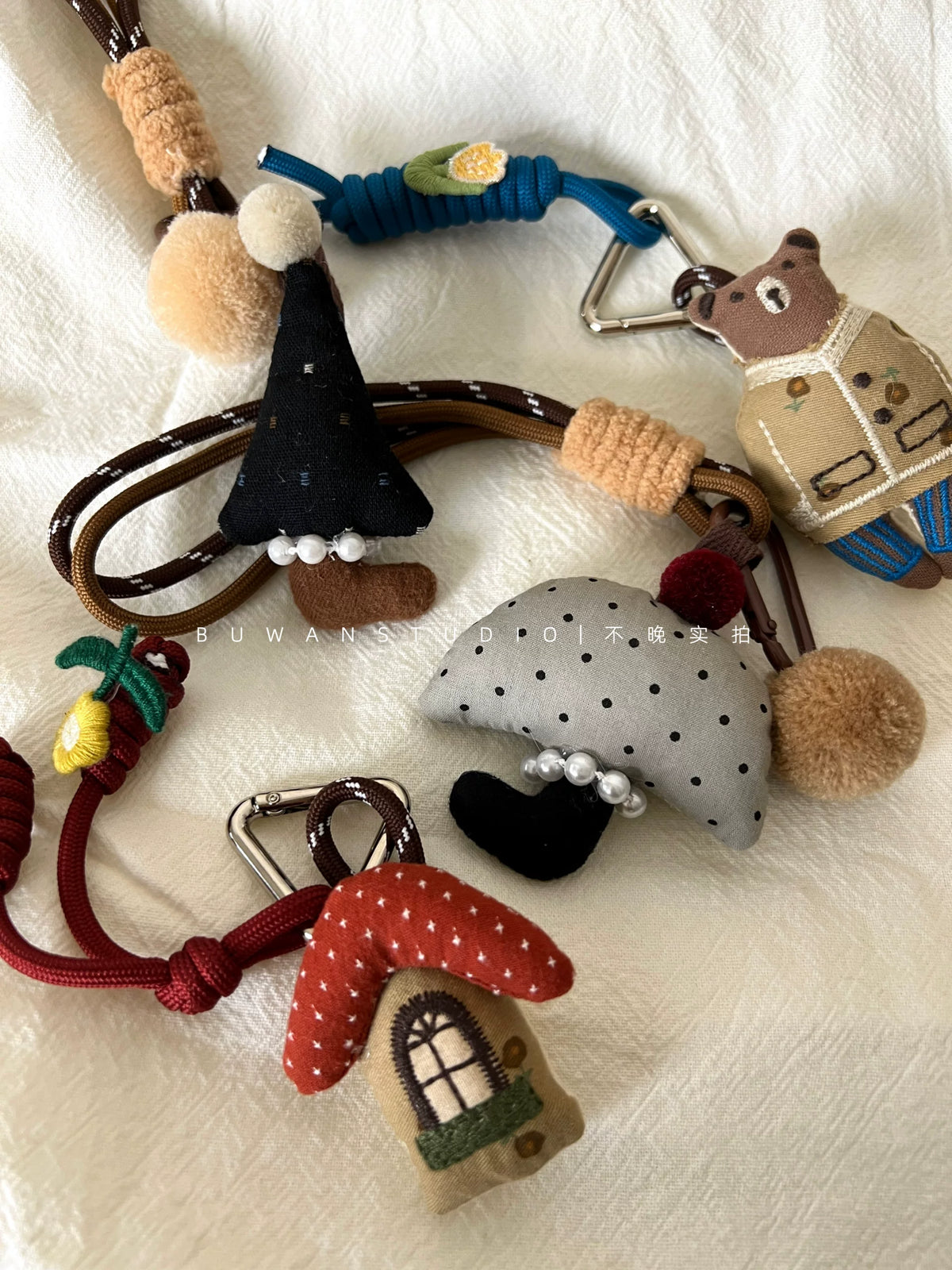 Japanese Fairy Tale Style Pearl Mushroom House Bear Keychain Bag Charm