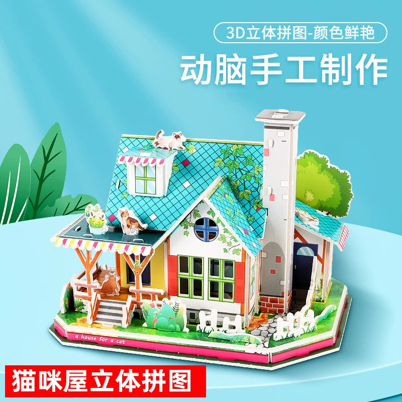 3D Puzzle Villa Model Building Kit for Kids, DIY Cardboard Pet House Educational Toy