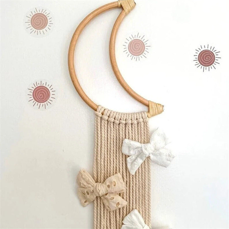 Nordic Rattan Moon Hair Clip Holder Wall Hanging Organizer for Headbands and Accessories, Kids Room Decor