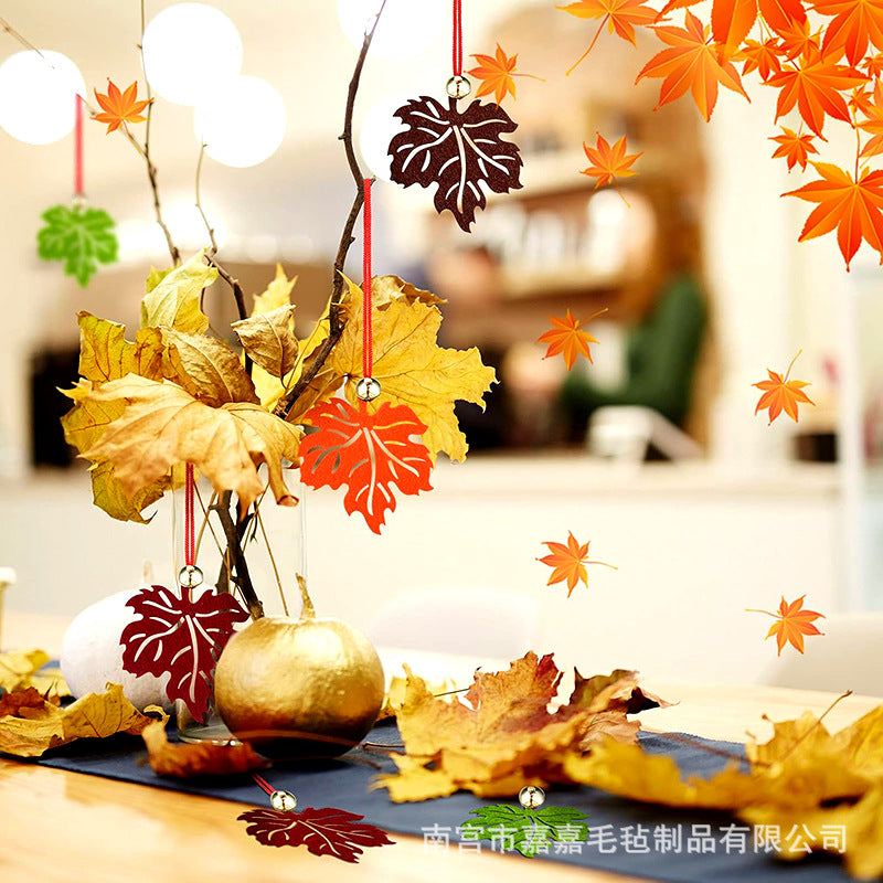 Autumn Felt Maple Leaf Hanging Ornaments with Bells for Thanksgiving Party Decor