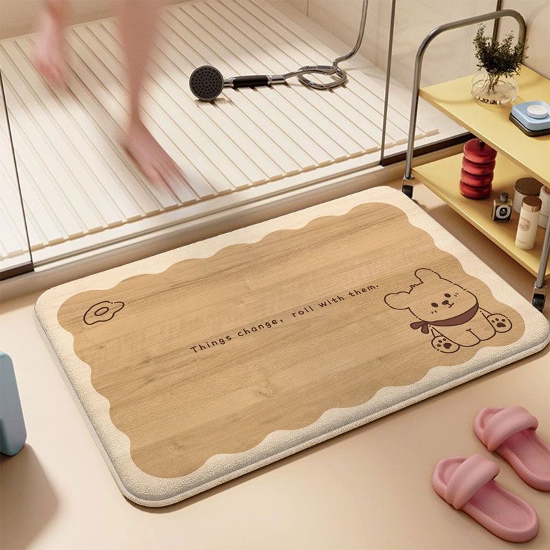 Cartoon Wood Grain Flannel Bathroom Mat Absorbent Non-Slip Shower Rug