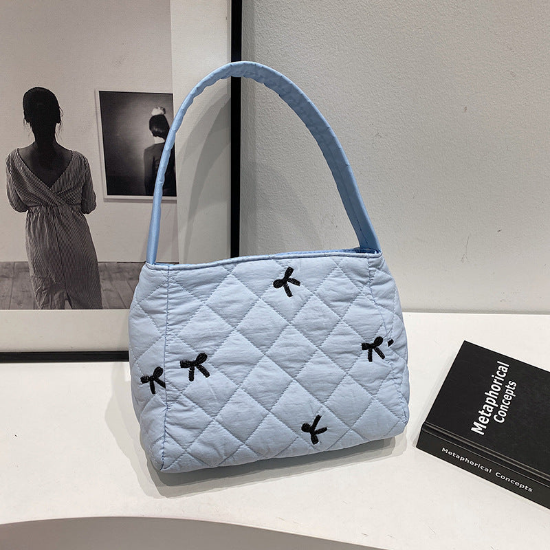 Embroidered Bowknot Tote Bag Set with Cosmetic Pouch