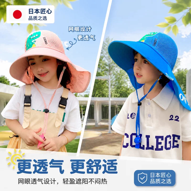 Kids' UV Protection Sun Hat with Neck Flap, Breathable Wide Brim Outdoor Hat for Boys and Girls