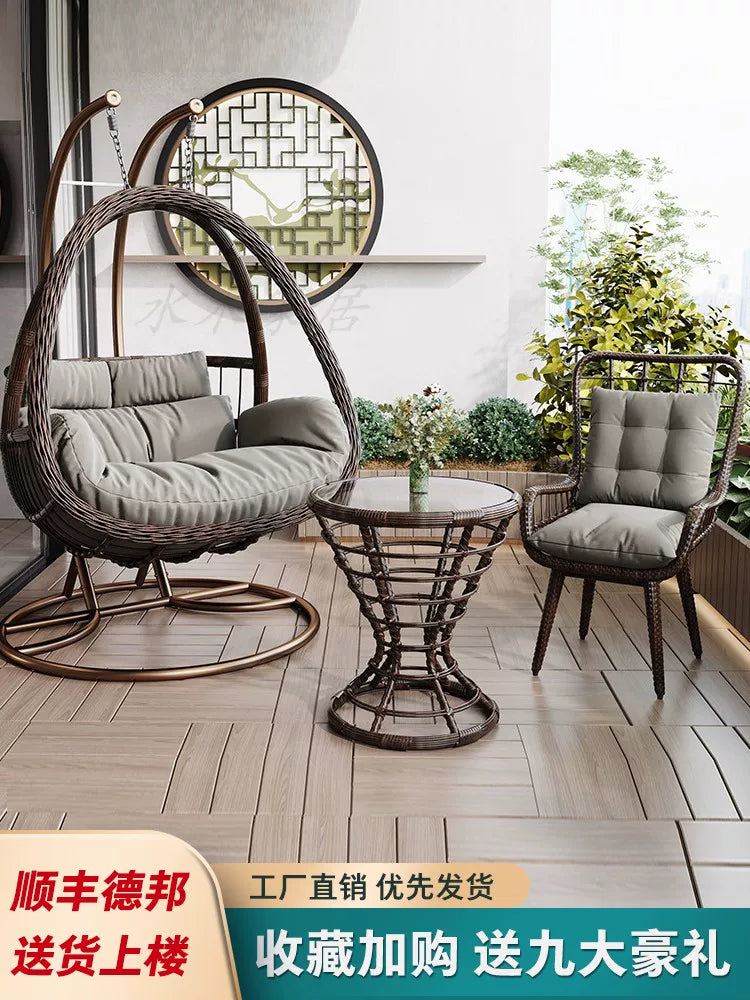Outdoor Indoor Rattan Wicker Swing Chair with Stand and Cushion, Single Person Hanging Basket Chair for Patio Balcony Garden