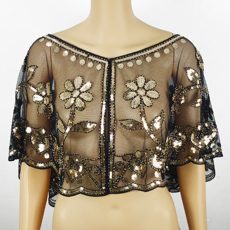 Women's Sequin Mesh Capelet Shawl Beaded Pullover Shrug for Evening Dress