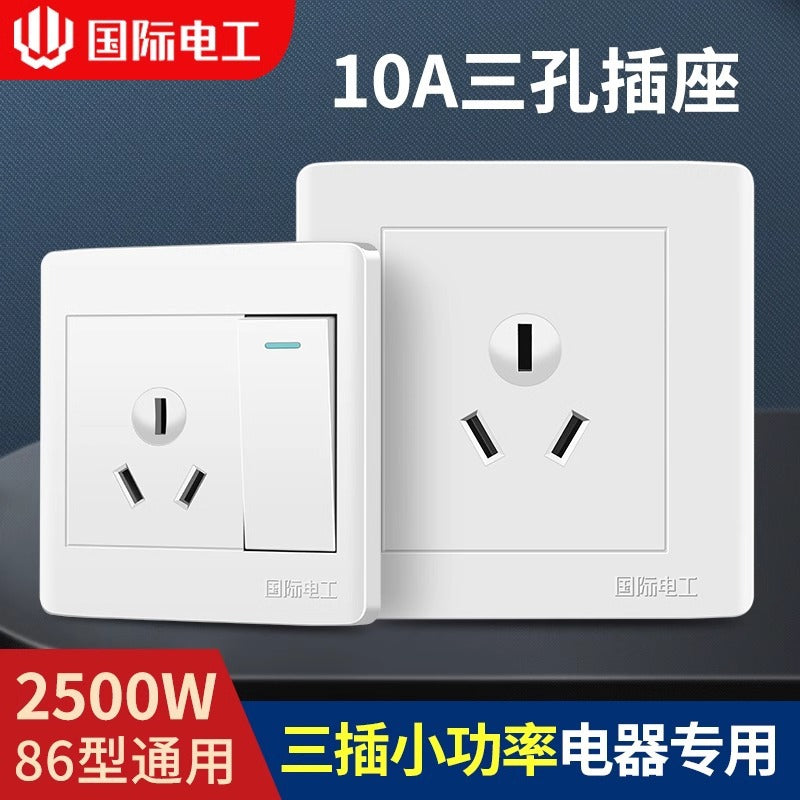 86-Type Wall Socket Panel with Switch, 10A, Flush Mount, 3-Pin Outlet